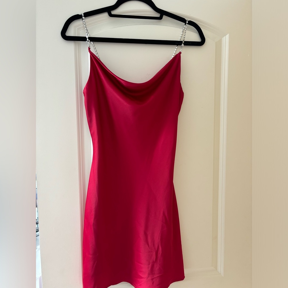 Satin Red Mini Dress with Rhinestone strap detail